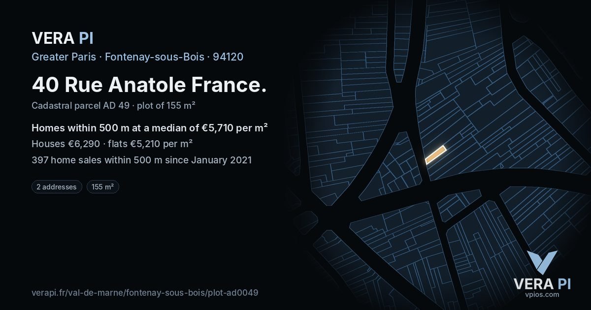 40 Rue Anatole France, Fontenay-sous-Bois at night – the plot lit, the parcels around coloured by the prices near them