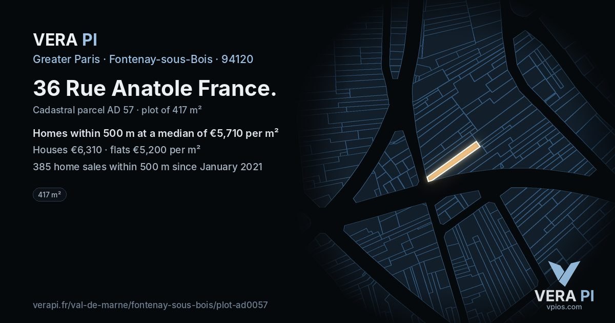 36 Rue Anatole France, Fontenay-sous-Bois at night – the plot lit, the parcels around coloured by the prices near them