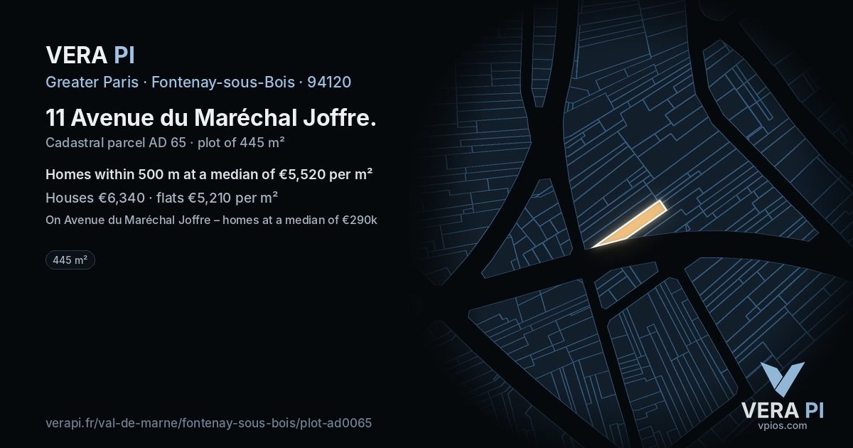 11 Avenue du Maréchal Joffre, Fontenay-sous-Bois at night – the plot lit, the parcels around coloured by the prices near them