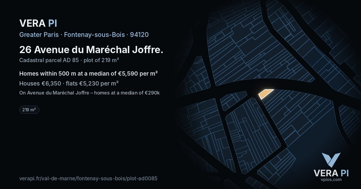 26 Avenue du Maréchal Joffre, Fontenay-sous-Bois at night – the plot lit, the parcels around coloured by the prices near them