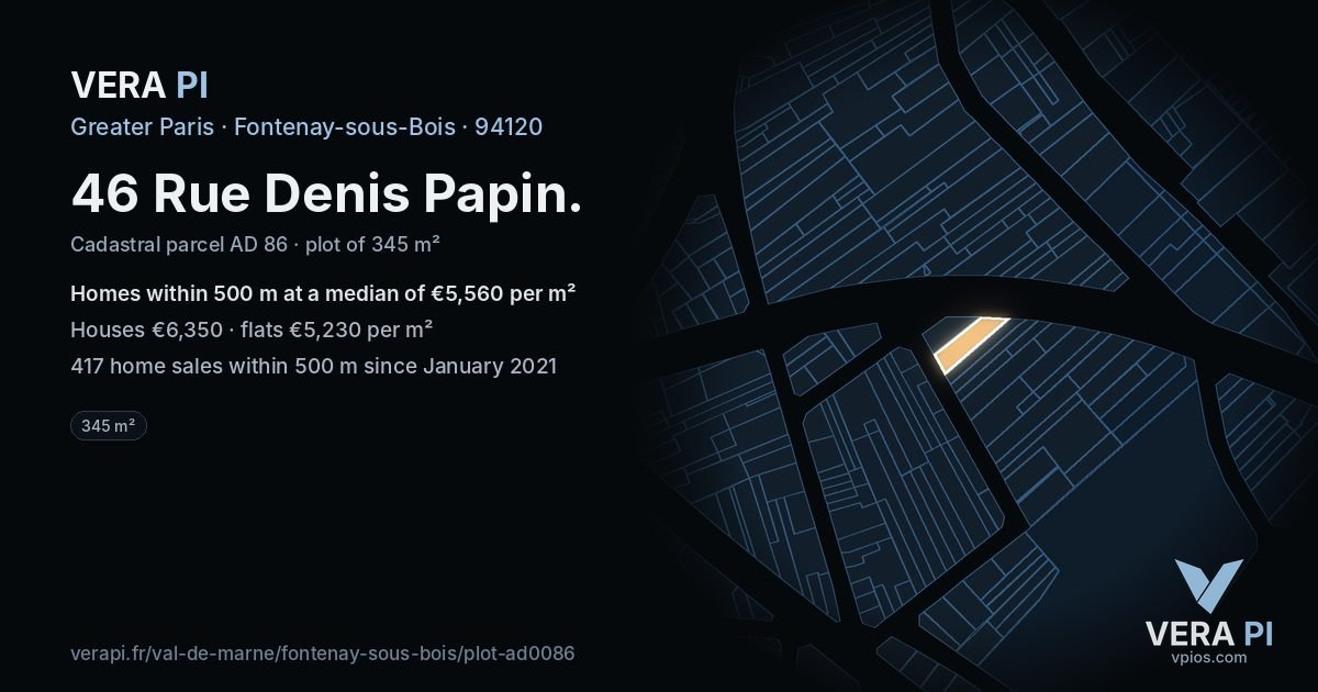 46 Rue Denis Papin, Fontenay-sous-Bois at night – the plot lit, the parcels around coloured by the prices near them