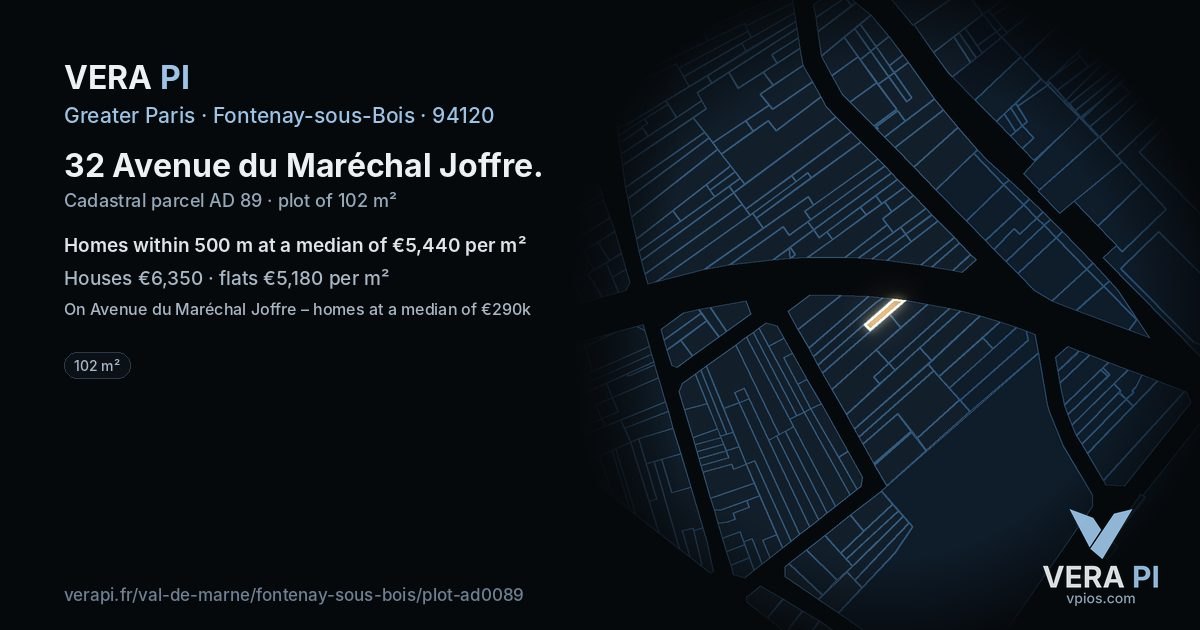 32 Avenue du Maréchal Joffre, Fontenay-sous-Bois at night – the plot lit, the parcels around coloured by the prices near them