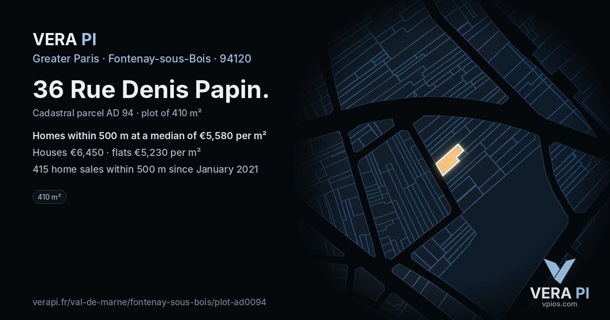 36 Rue Denis Papin, Fontenay-sous-Bois at night – the plot lit, the parcels around coloured by the prices near them