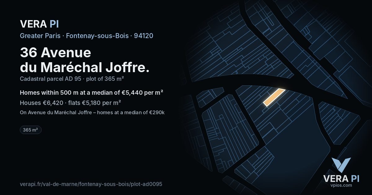 36 Avenue du Maréchal Joffre, Fontenay-sous-Bois at night – the plot lit, the parcels around coloured by the prices near them
