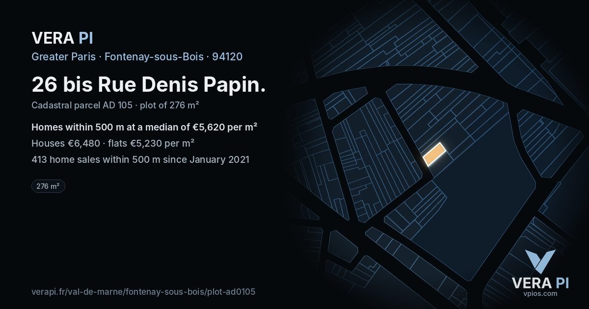 26 bis Rue Denis Papin, Fontenay-sous-Bois at night – the plot lit, the parcels around coloured by the prices near them