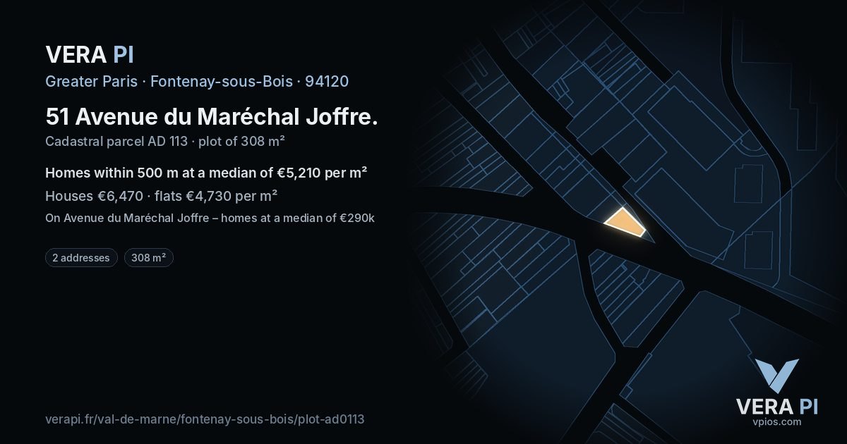 51 Avenue du Maréchal Joffre, Fontenay-sous-Bois at night – the plot lit, the parcels around coloured by the prices near them