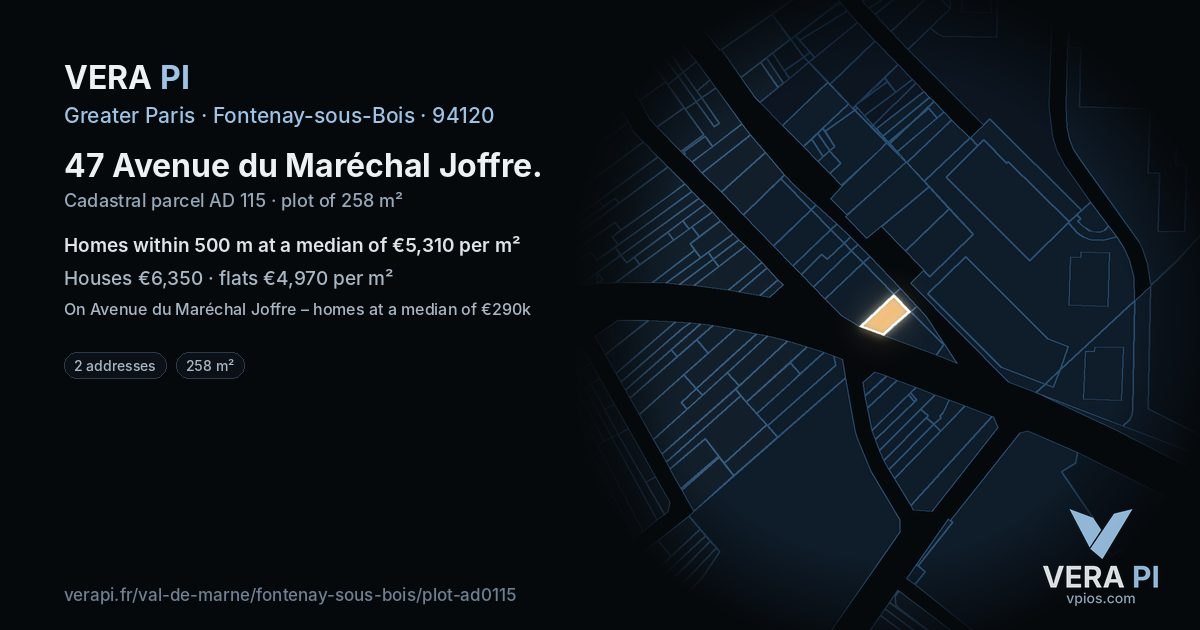 47 Avenue du Maréchal Joffre, Fontenay-sous-Bois at night – the plot lit, the parcels around coloured by the prices near them