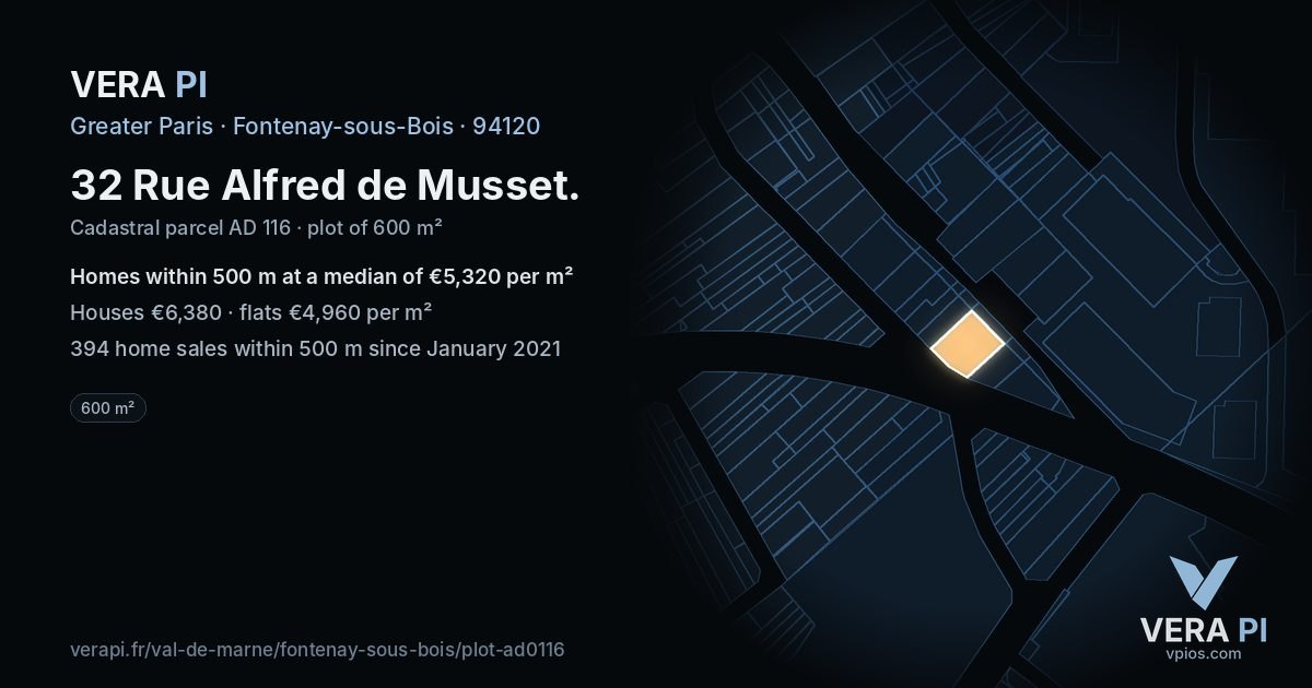 32 Rue Alfred de Musset, Fontenay-sous-Bois at night – the plot lit, the parcels around coloured by the prices near them