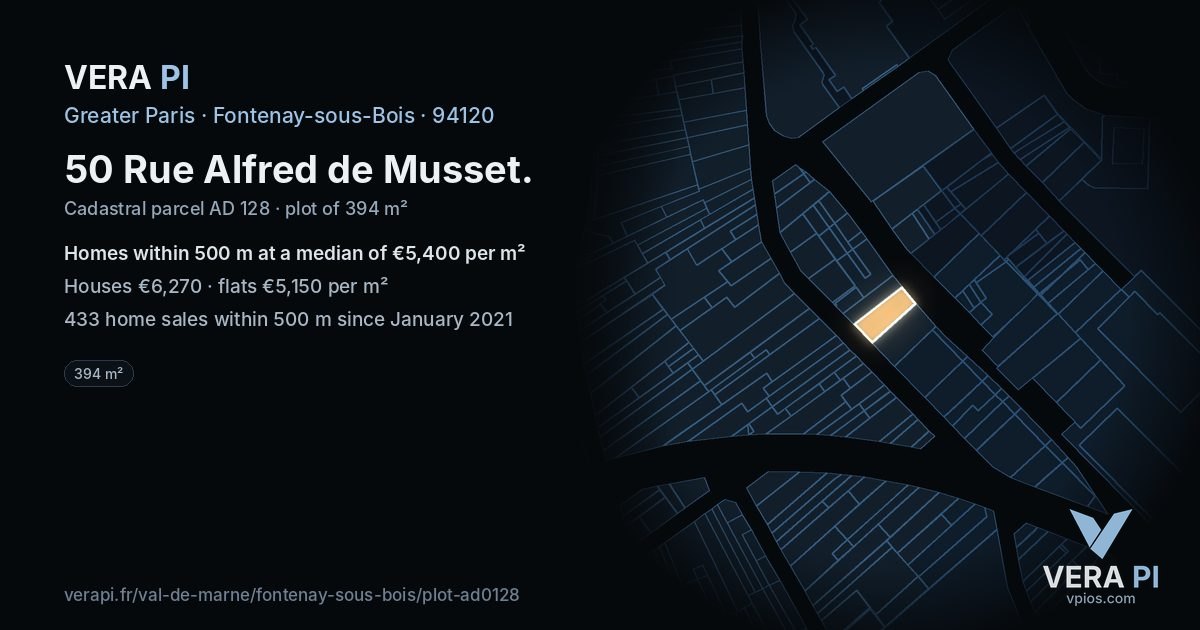 50 Rue Alfred de Musset, Fontenay-sous-Bois at night – the plot lit, the parcels around coloured by the prices near them