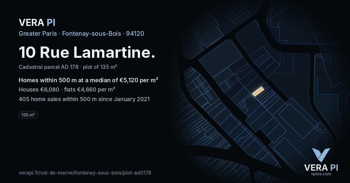 10 Rue Lamartine, Fontenay-sous-Bois at night – the plot lit, the parcels around coloured by the prices near them