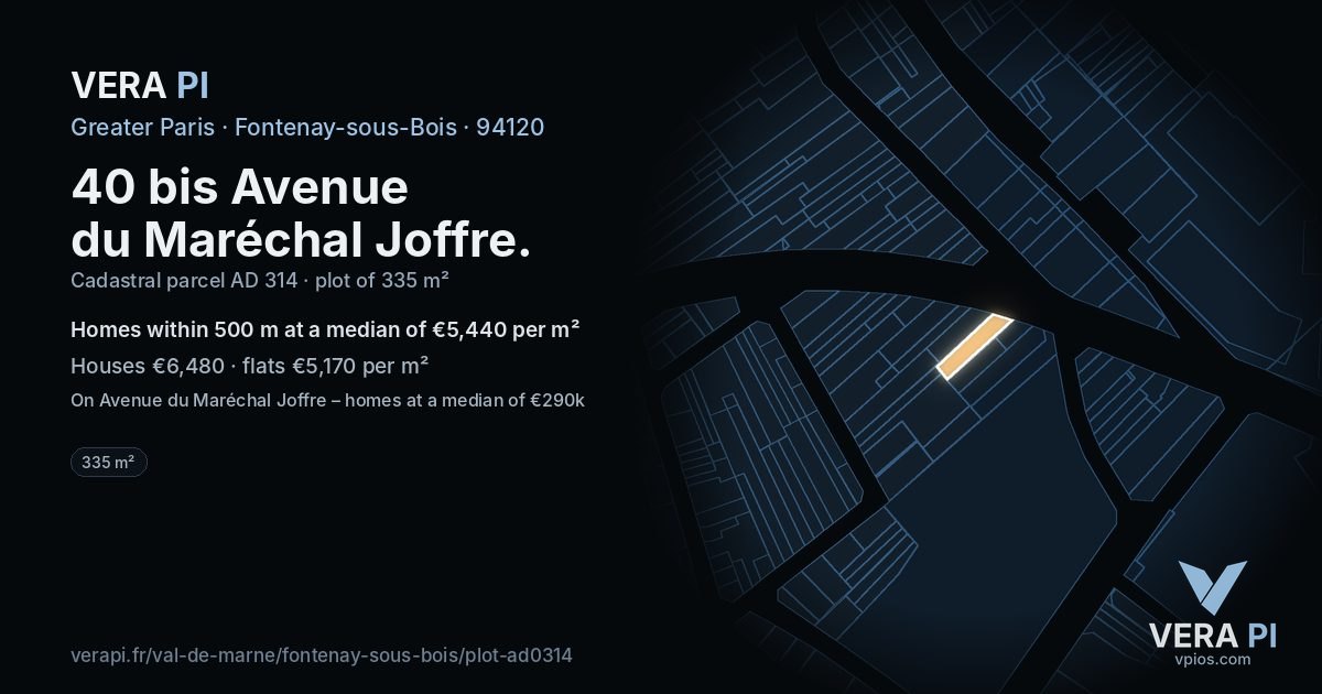 40 bis Avenue du Maréchal Joffre, Fontenay-sous-Bois at night – the plot lit, the parcels around coloured by the prices near them