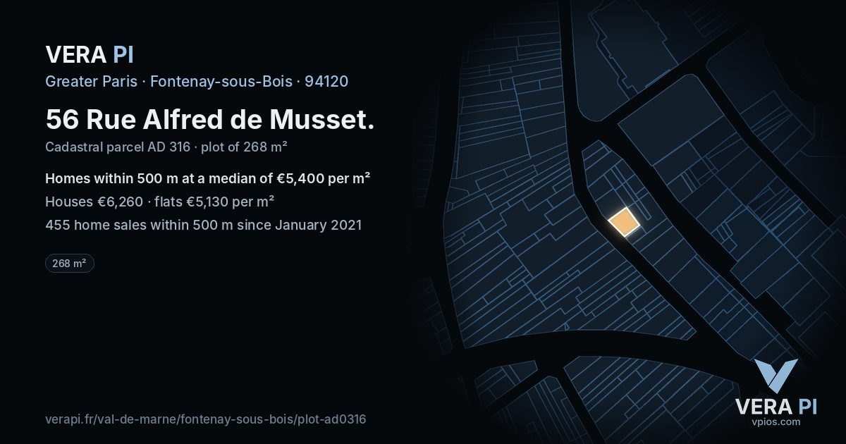 56 Rue Alfred de Musset, Fontenay-sous-Bois at night – the plot lit, the parcels around coloured by the prices near them