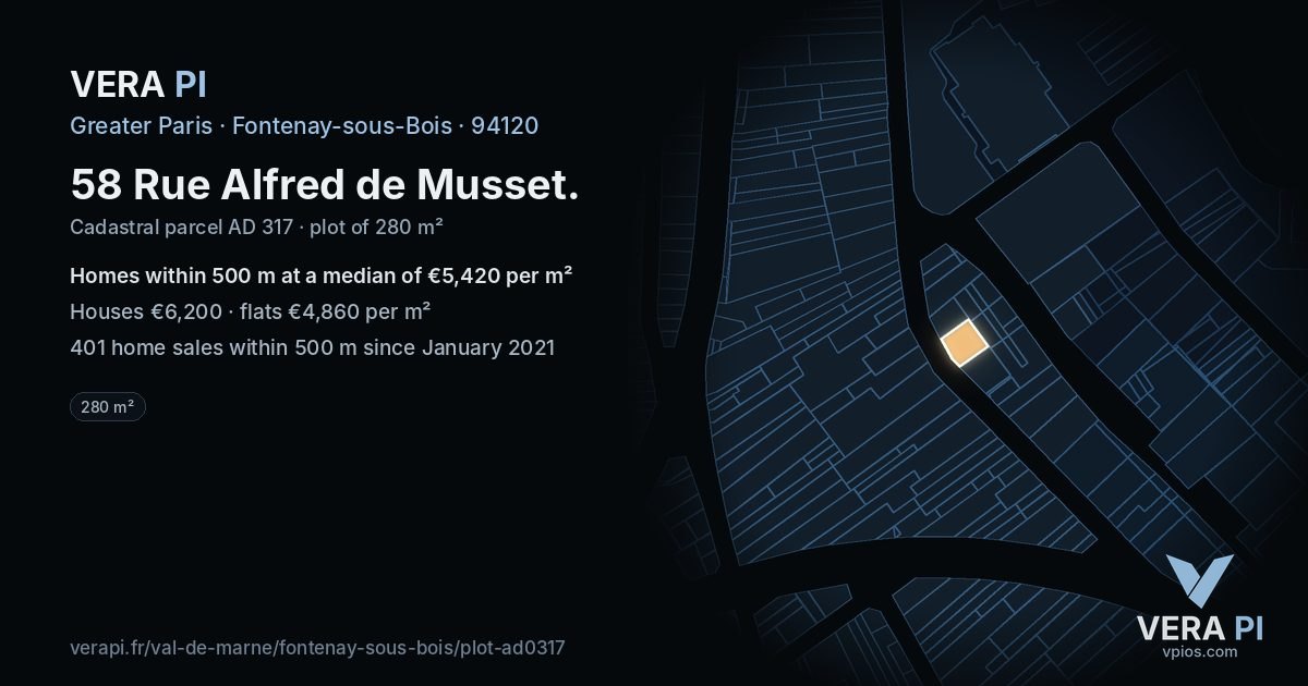 58 Rue Alfred de Musset, Fontenay-sous-Bois at night – the plot lit, the parcels around coloured by the prices near them