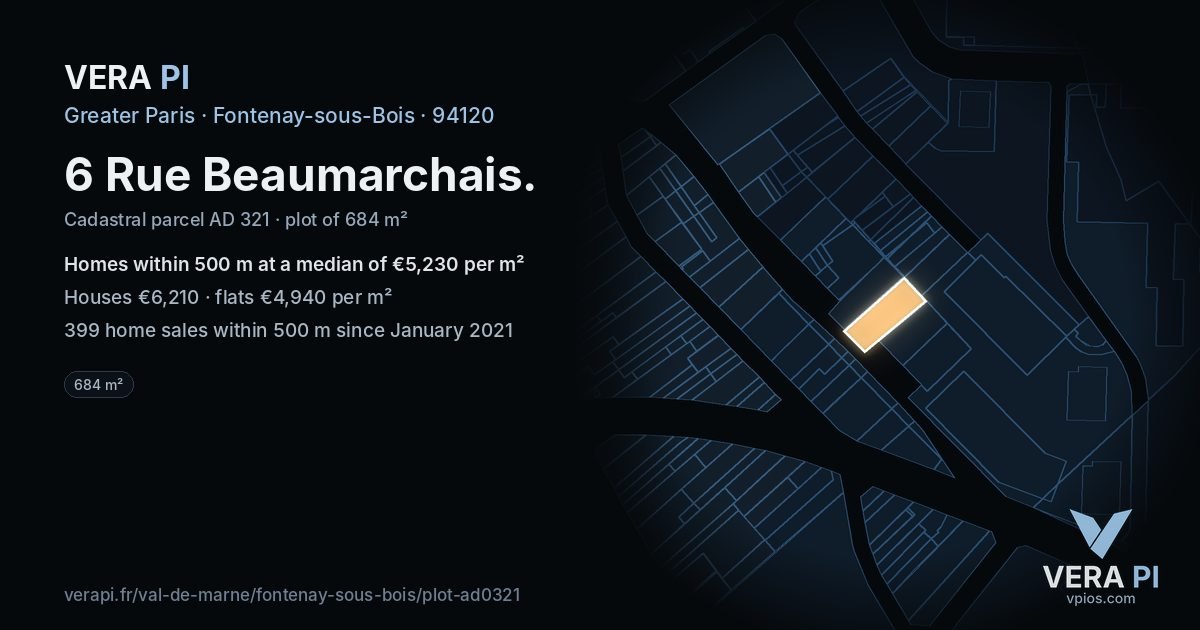 6 Rue Beaumarchais, Fontenay-sous-Bois at night – the plot lit, the parcels around coloured by the prices near them