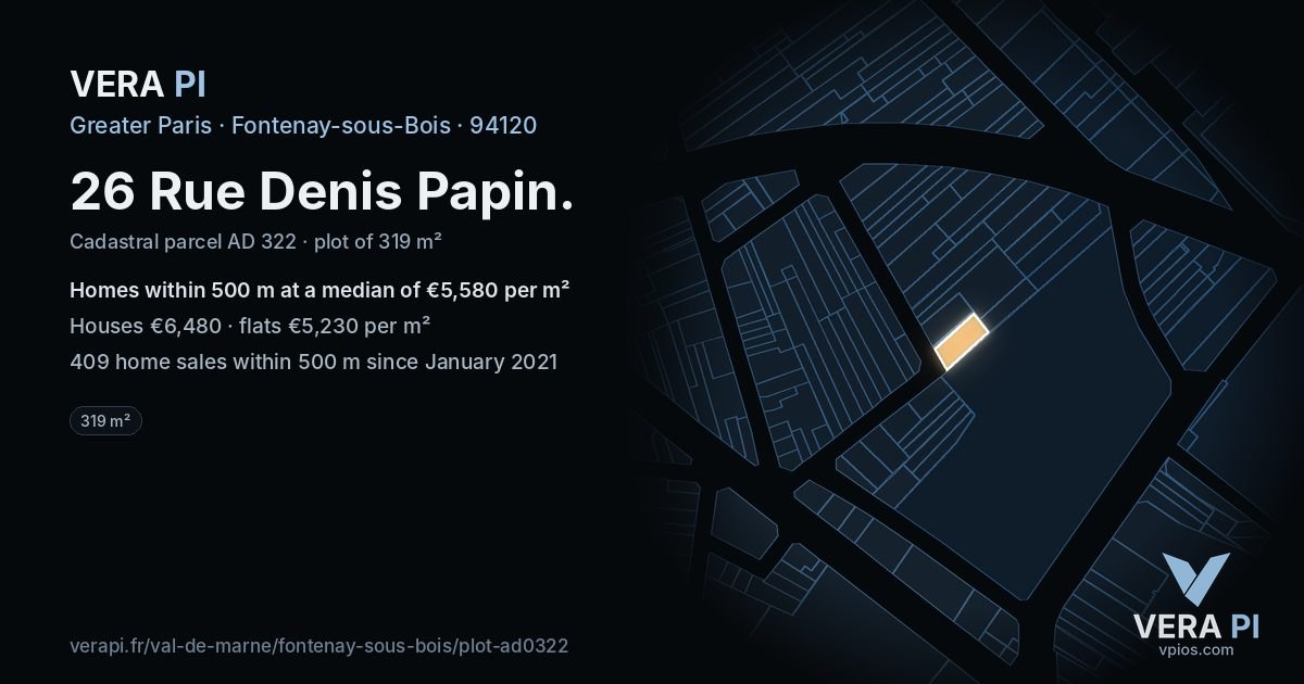 26 Rue Denis Papin, Fontenay-sous-Bois at night – the plot lit, the parcels around coloured by the prices near them