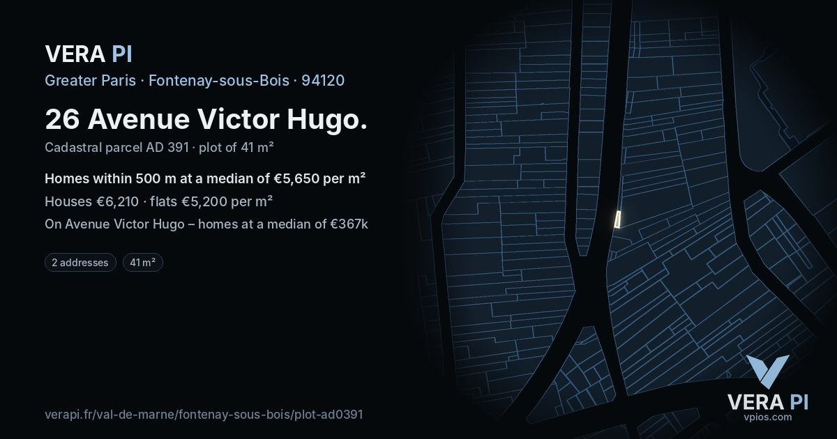 26 Avenue Victor Hugo, Fontenay-sous-Bois at night – the plot lit, the parcels around coloured by the prices near them