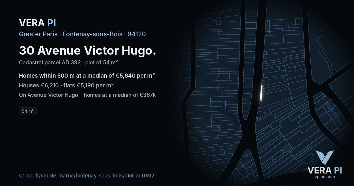 30 Avenue Victor Hugo, Fontenay-sous-Bois at night – the plot lit, the parcels around coloured by the prices near them