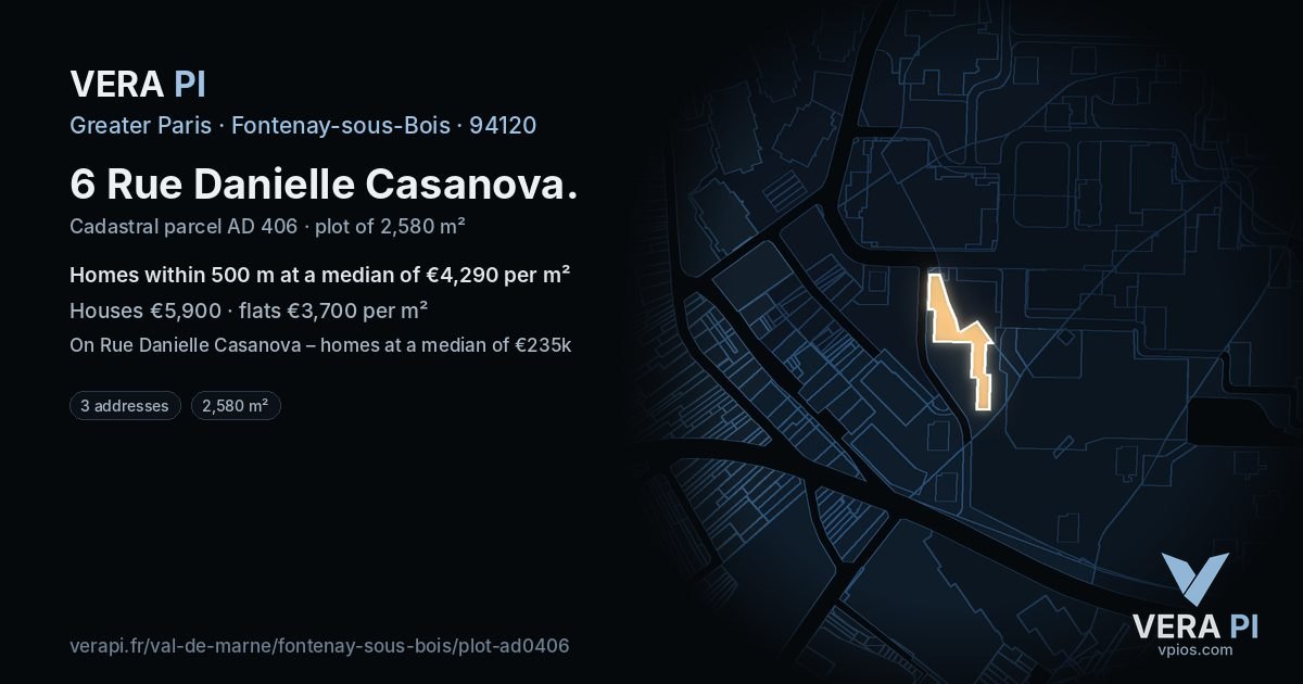 6 Rue Danielle Casanova, Fontenay-sous-Bois at night – the plot lit, the parcels around coloured by the prices near them