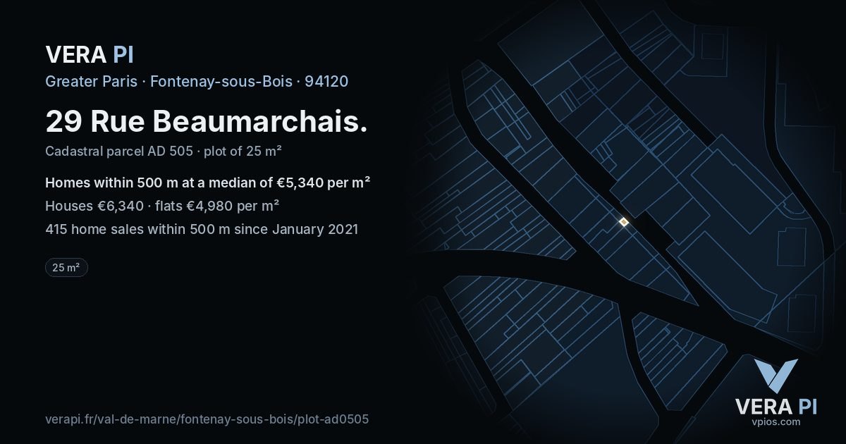 29 Rue Beaumarchais, Fontenay-sous-Bois at night – the plot lit, the parcels around coloured by the prices near them