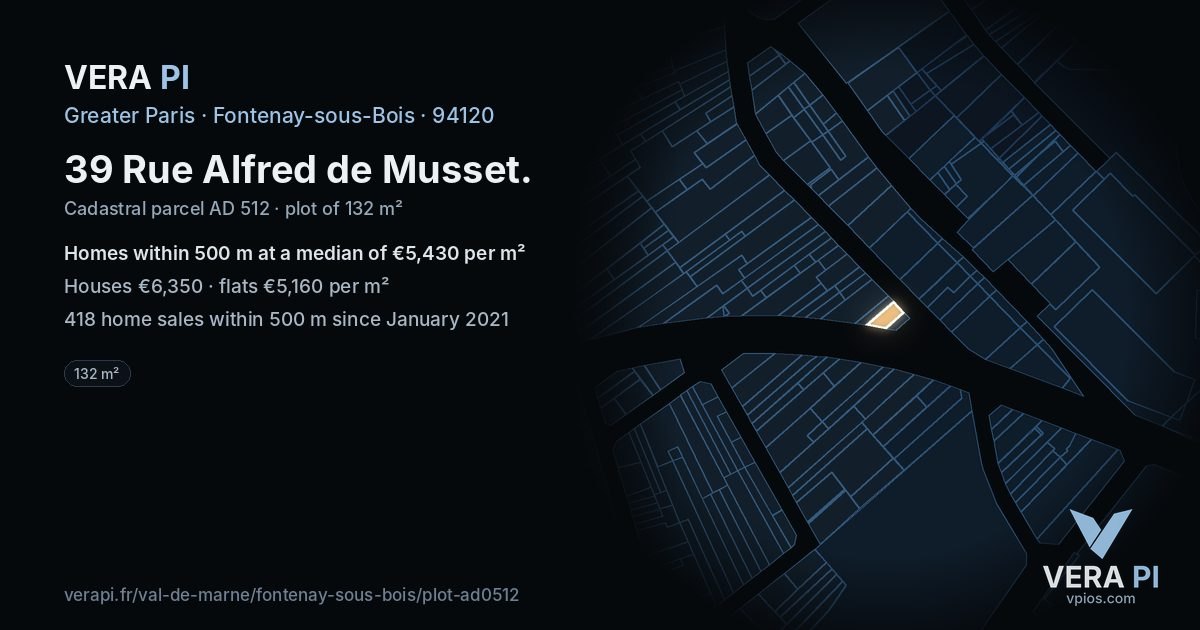 39 Rue Alfred de Musset, Fontenay-sous-Bois at night – the plot lit, the parcels around coloured by the prices near them