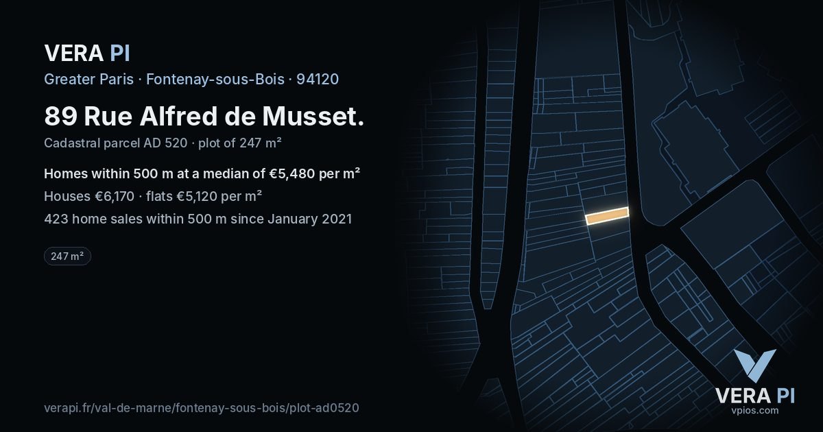 89 Rue Alfred de Musset, Fontenay-sous-Bois at night – the plot lit, the parcels around coloured by the prices near them