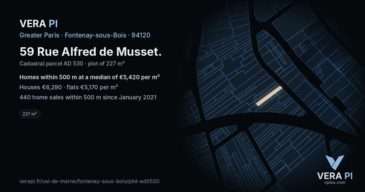 59 Rue Alfred de Musset, Fontenay-sous-Bois at night – the plot lit, the parcels around coloured by the prices near them