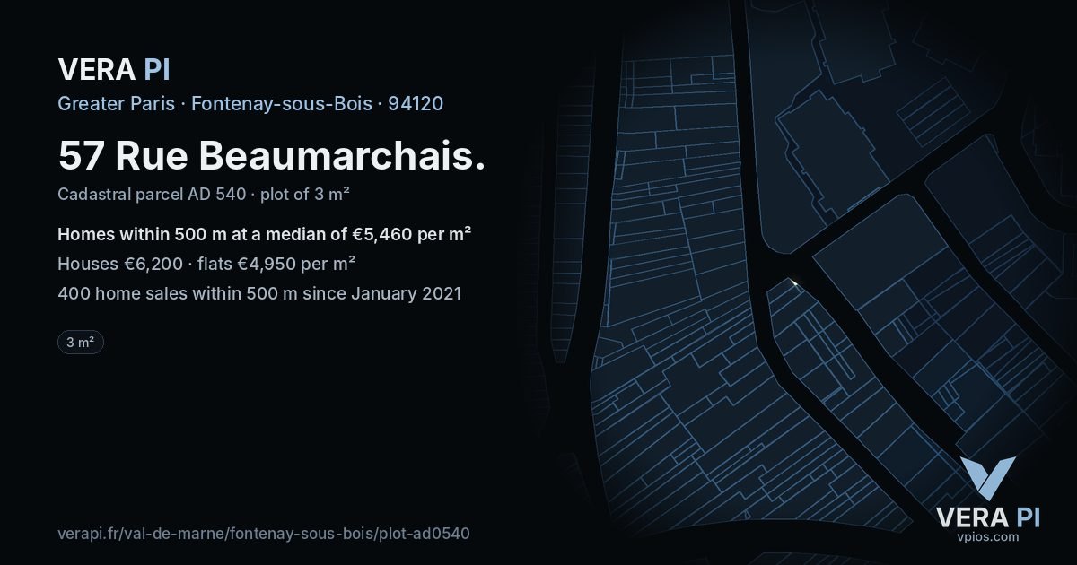 57 Rue Beaumarchais, Fontenay-sous-Bois at night – the plot lit, the parcels around coloured by the prices near them