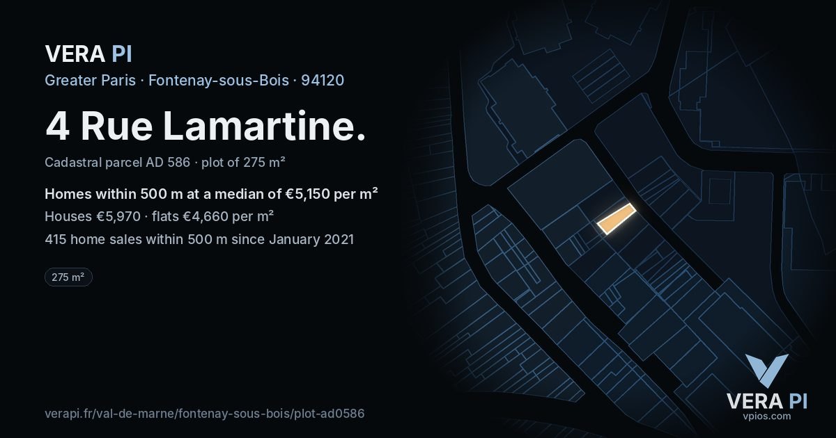 4 Rue Lamartine, Fontenay-sous-Bois at night – the plot lit, the parcels around coloured by the prices near them