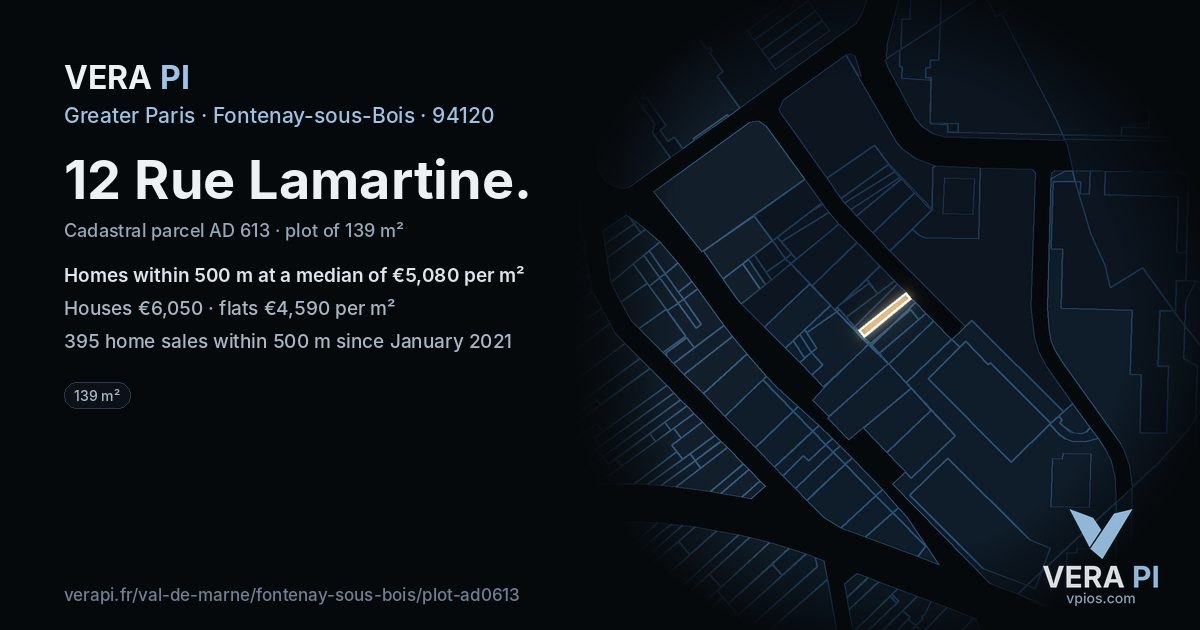 12 Rue Lamartine, Fontenay-sous-Bois at night – the plot lit, the parcels around coloured by the prices near them