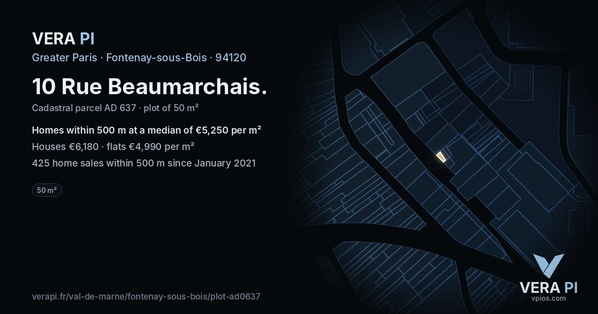 10 Rue Beaumarchais, Fontenay-sous-Bois at night – the plot lit, the parcels around coloured by the prices near them
