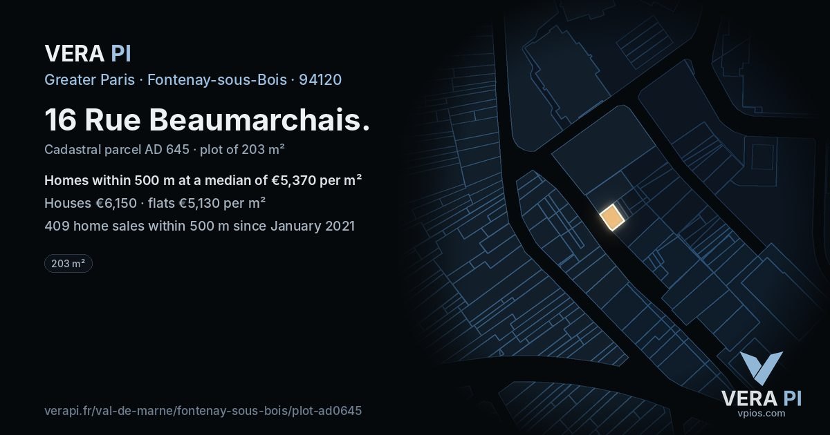 16 Rue Beaumarchais, Fontenay-sous-Bois at night – the plot lit, the parcels around coloured by the prices near them