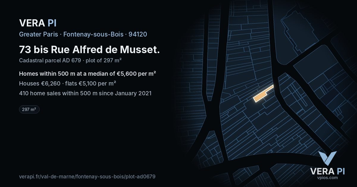 73 bis Rue Alfred de Musset, Fontenay-sous-Bois at night – the plot lit, the parcels around coloured by the prices near them