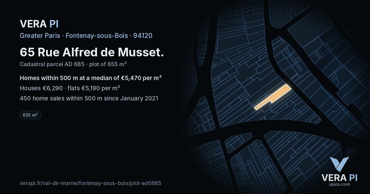 65 Rue Alfred de Musset, Fontenay-sous-Bois at night – the plot lit, the parcels around coloured by the prices near them