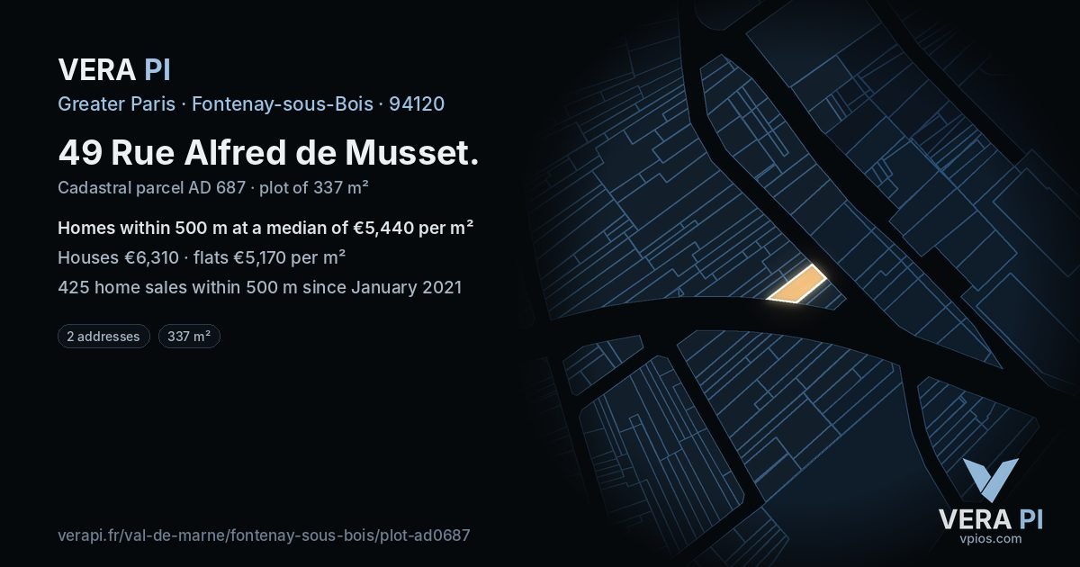 49 Rue Alfred de Musset, Fontenay-sous-Bois at night – the plot lit, the parcels around coloured by the prices near them