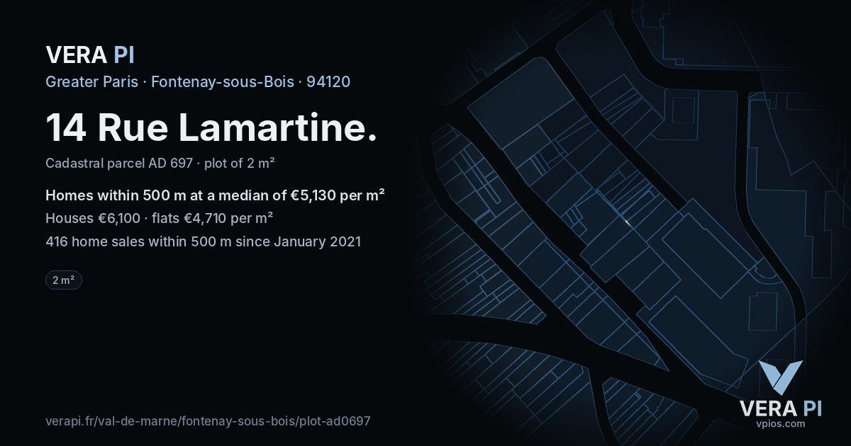 14 Rue Lamartine, Fontenay-sous-Bois at night – the plot lit, the parcels around coloured by the prices near them