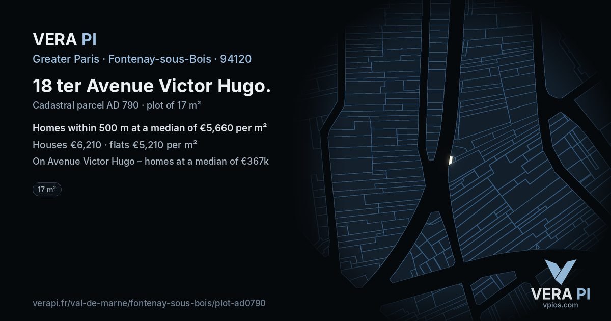 18 ter Avenue Victor Hugo, Fontenay-sous-Bois at night – the plot lit, the parcels around coloured by the prices near them