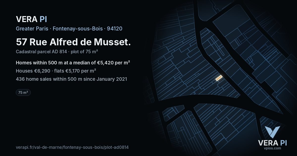 57 Rue Alfred de Musset, Fontenay-sous-Bois at night – the plot lit, the parcels around coloured by the prices near them