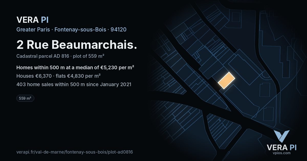 2 Rue Beaumarchais, Fontenay-sous-Bois at night – the plot lit, the parcels around coloured by the prices near them