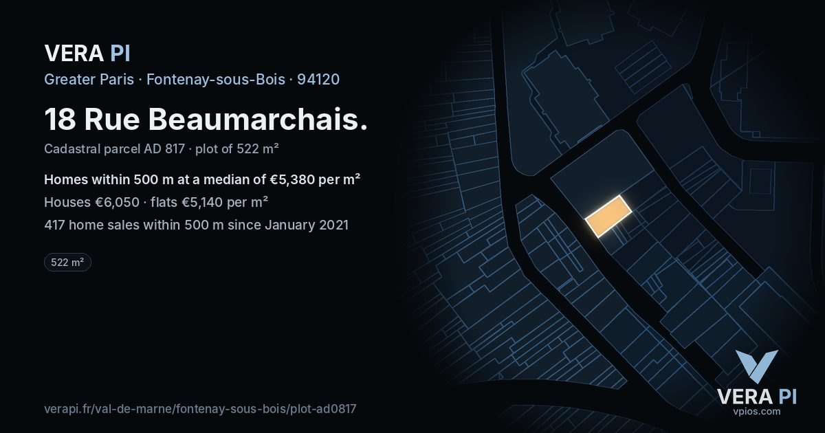 18 Rue Beaumarchais, Fontenay-sous-Bois at night – the plot lit, the parcels around coloured by the prices near them