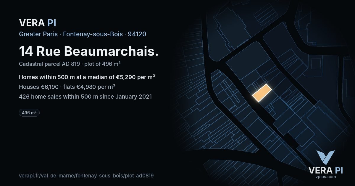 14 Rue Beaumarchais, Fontenay-sous-Bois at night – the plot lit, the parcels around coloured by the prices near them