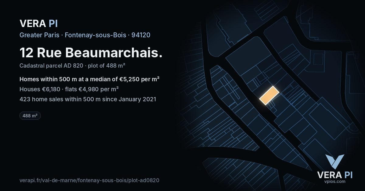 12 Rue Beaumarchais, Fontenay-sous-Bois at night – the plot lit, the parcels around coloured by the prices near them