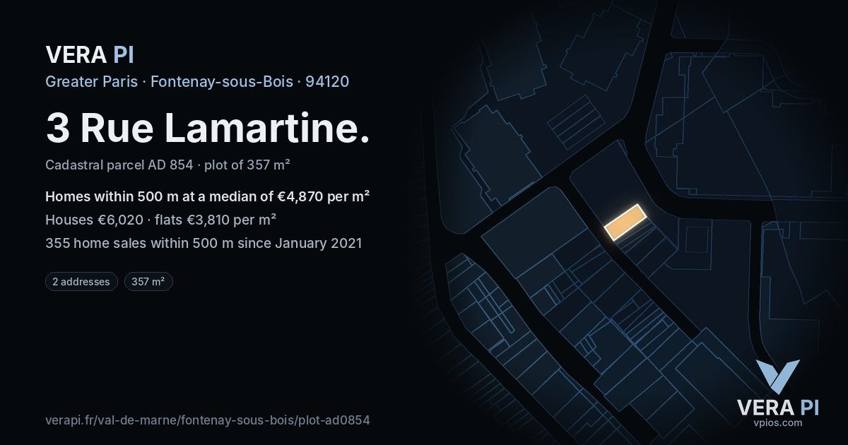 3 Rue Lamartine, Fontenay-sous-Bois at night – the plot lit, the parcels around coloured by the prices near them