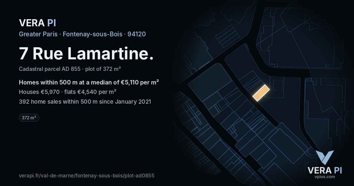 7 Rue Lamartine, Fontenay-sous-Bois at night – the plot lit, the parcels around coloured by the prices near them