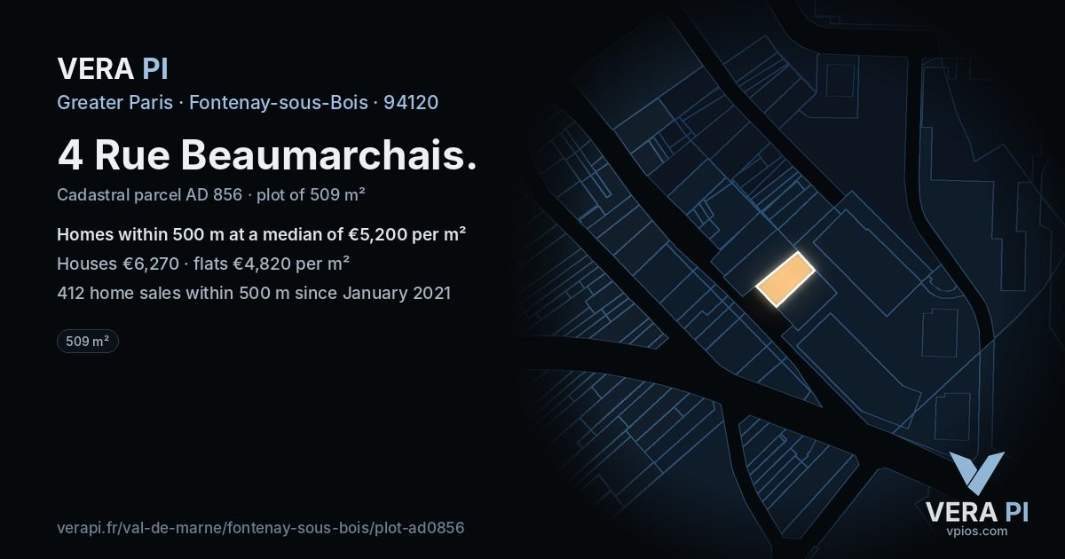 4 Rue Beaumarchais, Fontenay-sous-Bois at night – the plot lit, the parcels around coloured by the prices near them