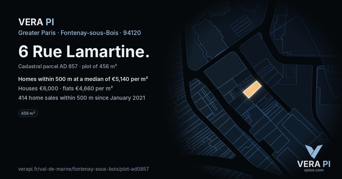 6 Rue Lamartine, Fontenay-sous-Bois at night – the plot lit, the parcels around coloured by the prices near them