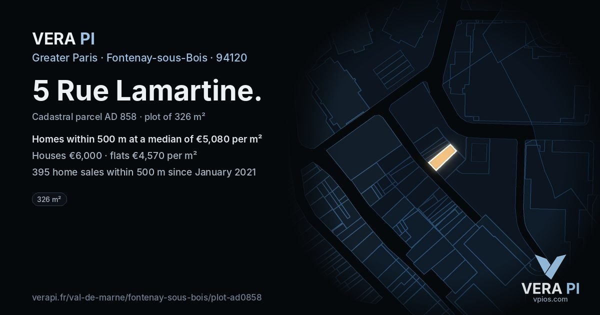 5 Rue Lamartine, Fontenay-sous-Bois at night – the plot lit, the parcels around coloured by the prices near them