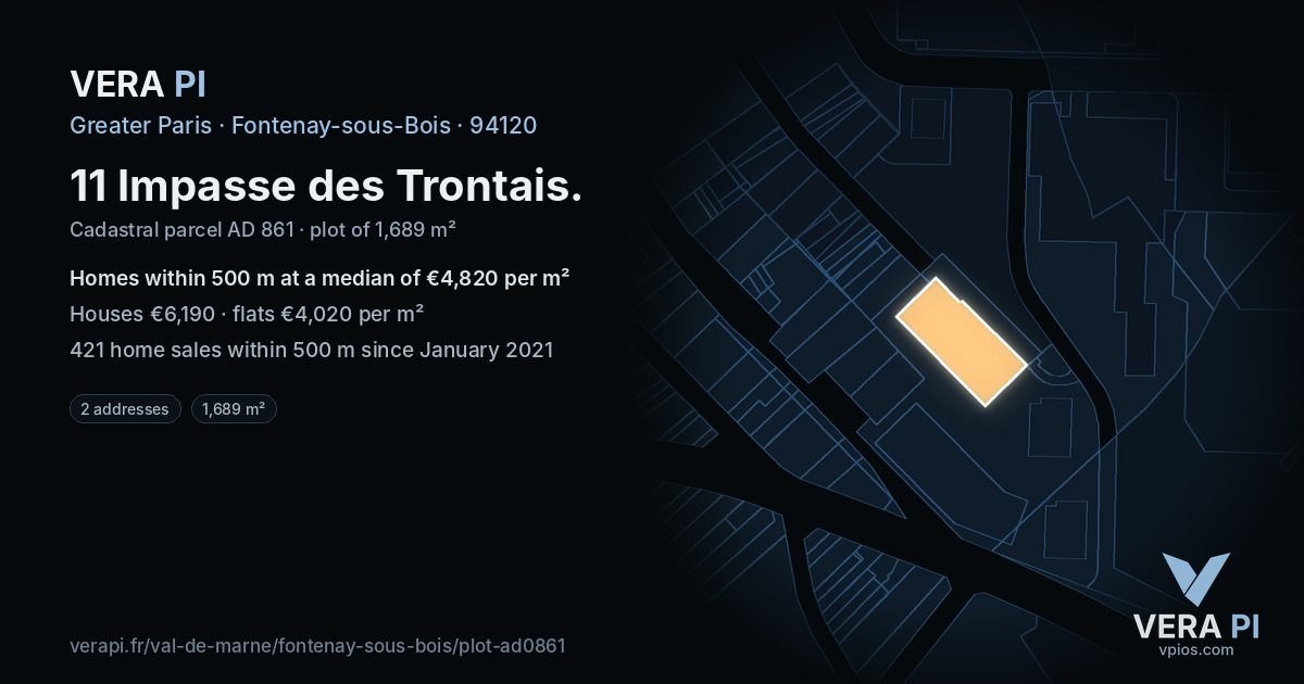 11 Impasse des Trontais, Fontenay-sous-Bois at night – the plot lit, the parcels around coloured by the prices near them