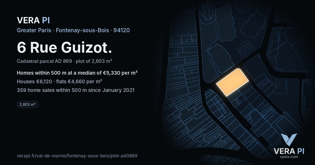 6 Rue Guizot, Fontenay-sous-Bois at night – the plot lit, the parcels around coloured by the prices near them