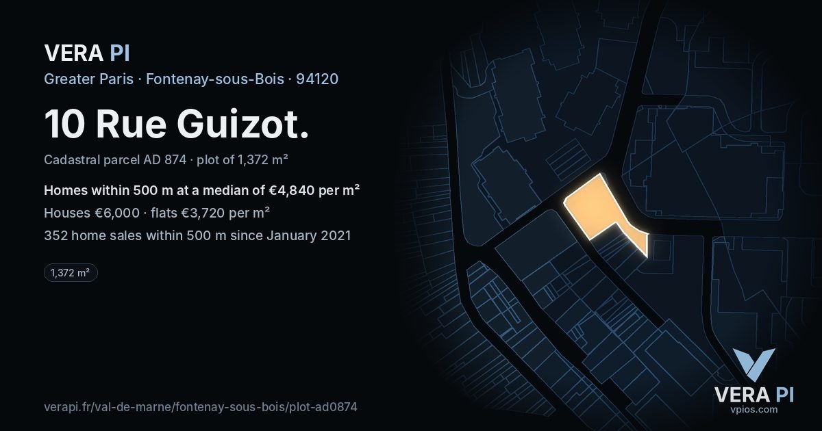 10 Rue Guizot, Fontenay-sous-Bois at night – the plot lit, the parcels around coloured by the prices near them