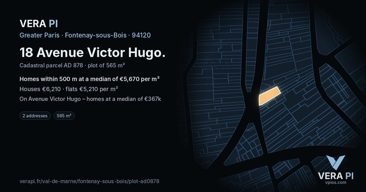 18 Avenue Victor Hugo, Fontenay-sous-Bois at night – the plot lit, the parcels around coloured by the prices near them